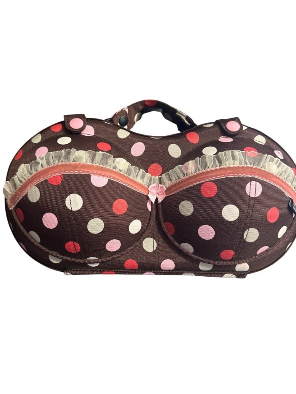Brown Polka Dot Bra Travel Case With Ruffled Trim & Handle - Picture 4 of 6